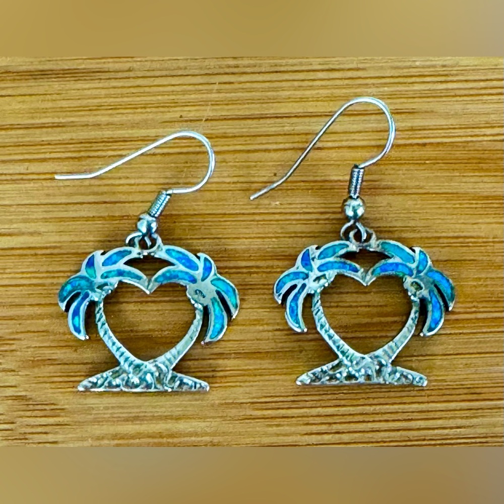 925 Sterling Silver Blue Opal Heart/Palm Tree Shape Dangle Earrings French Wire - Picture 3 of 10